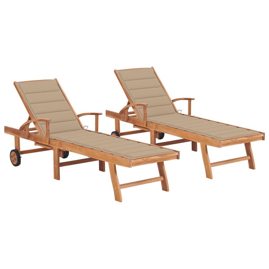 vidaXL Sonnenliegen 2 Stk. mit Auflagen Beige Massivholz Teak