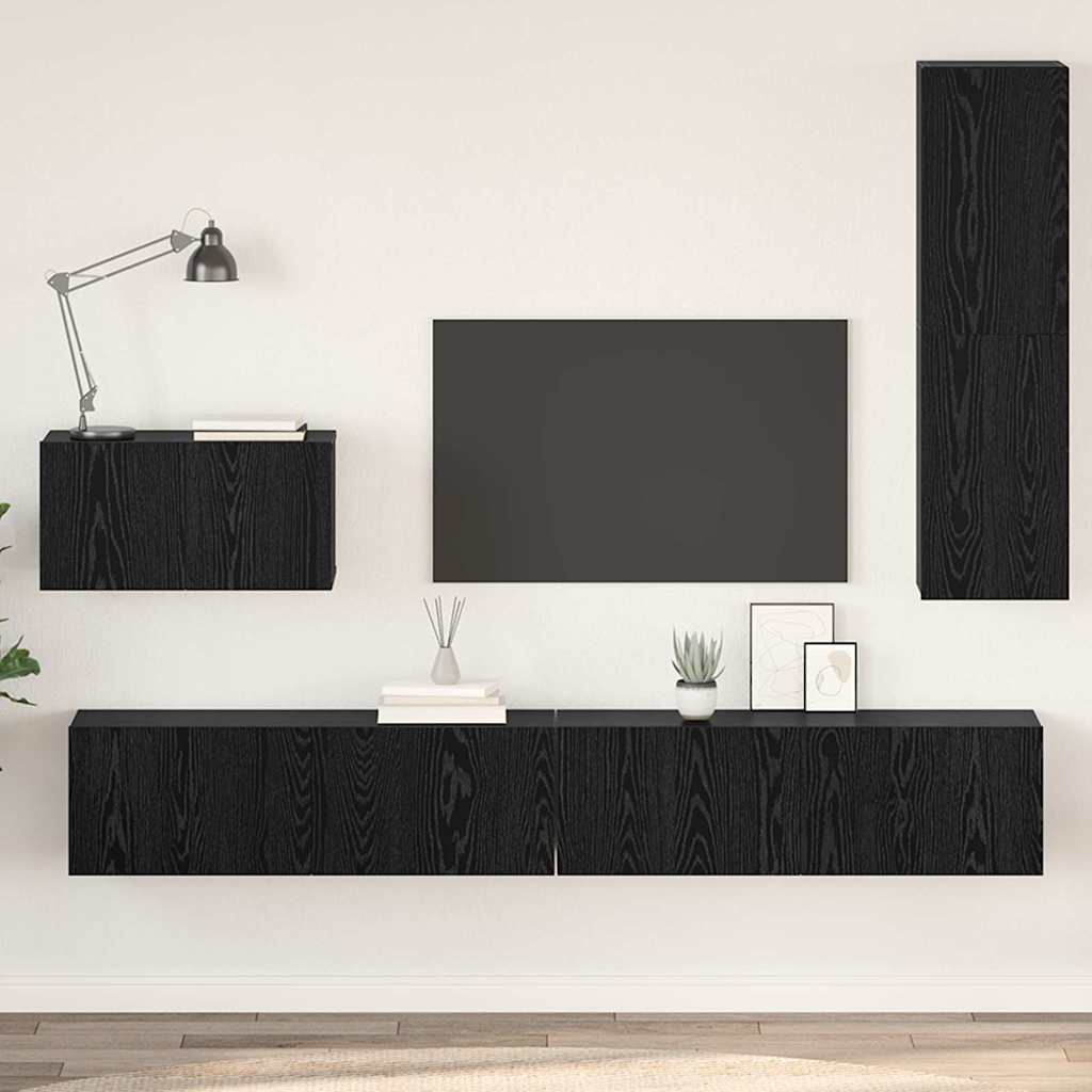 vidaXL Mueble de TV de Pared 4 pcs Roble Negro Madera contrachapada
