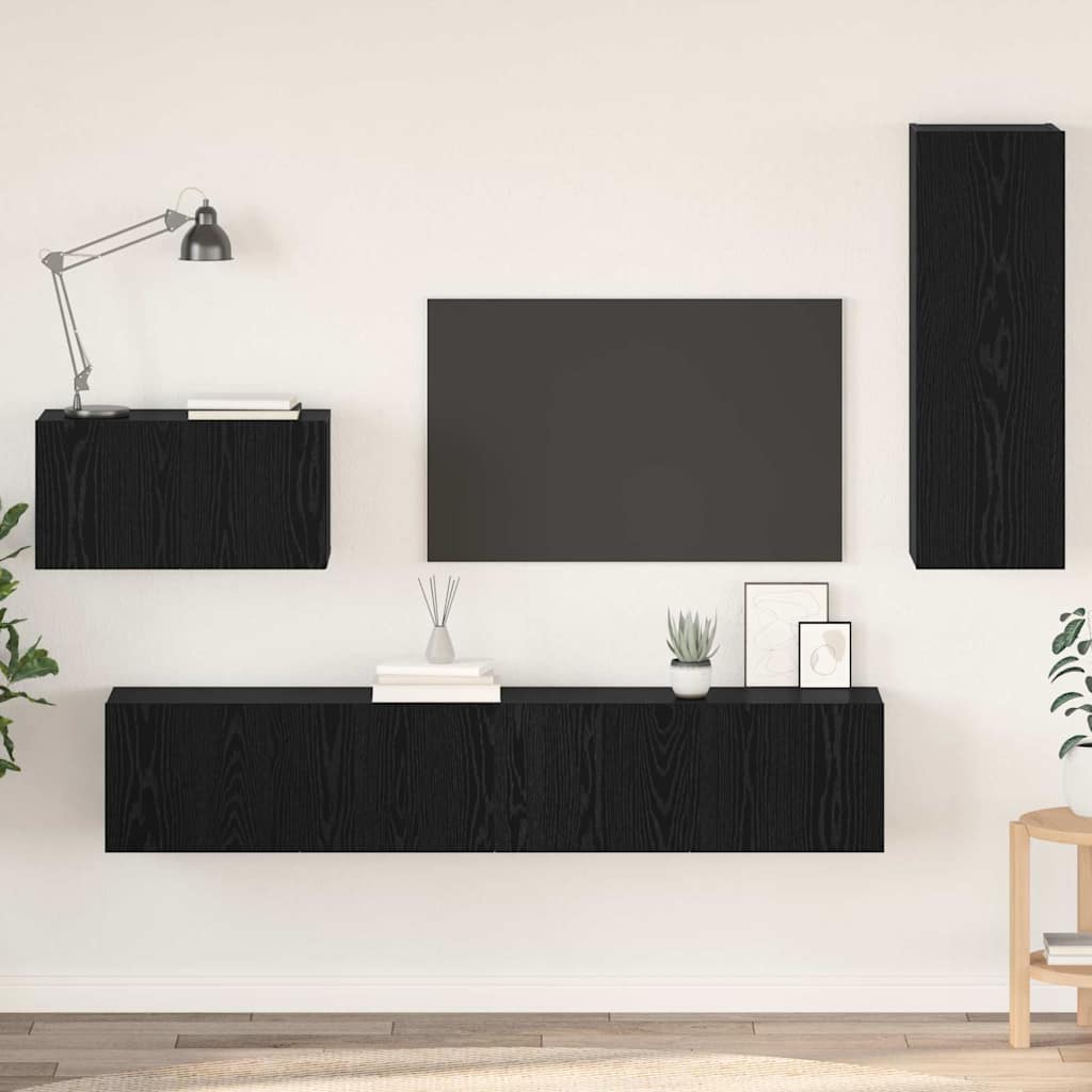 vidaXL Mueble de TV de Pared 4 pcs Roble Negro Madera contrachapada