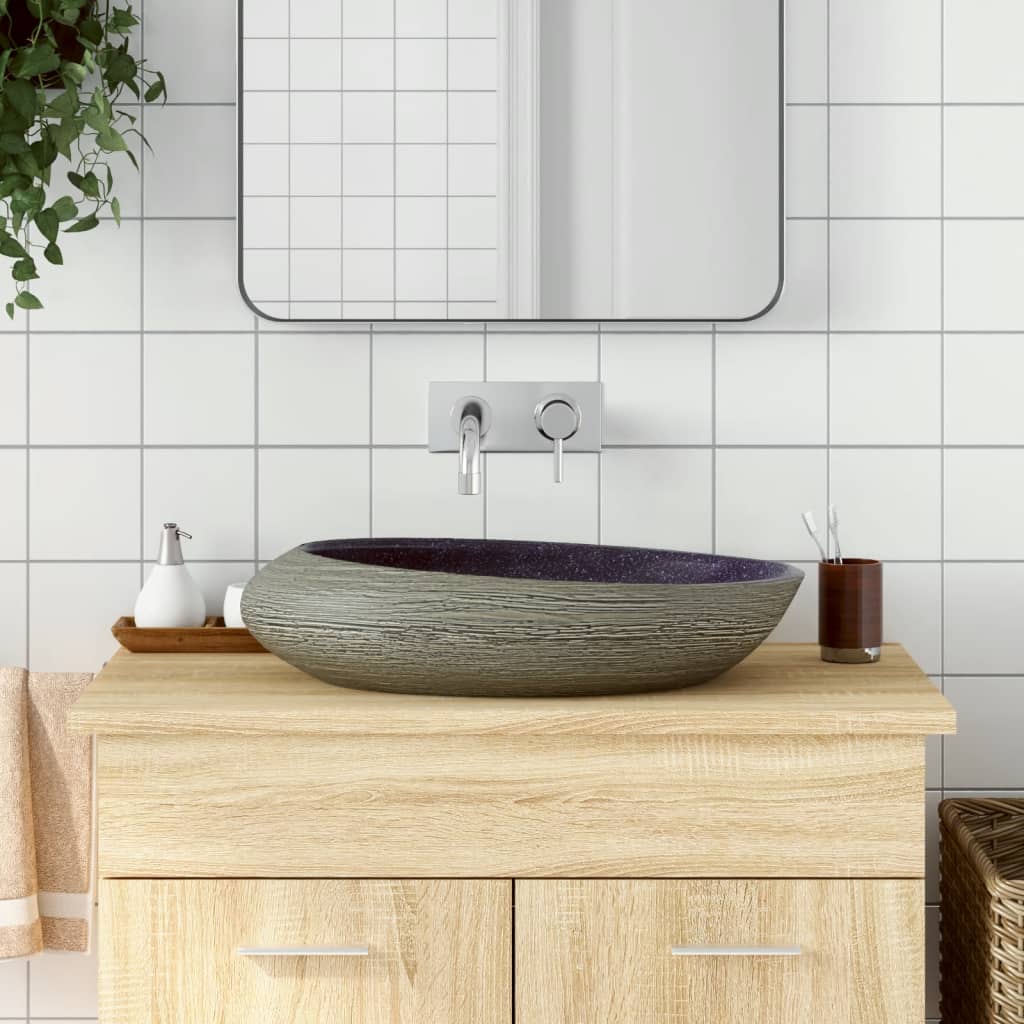 vidaXL Aufsatzwaschbecken Lila und Grau Oval 59x40x14 cm Keramik