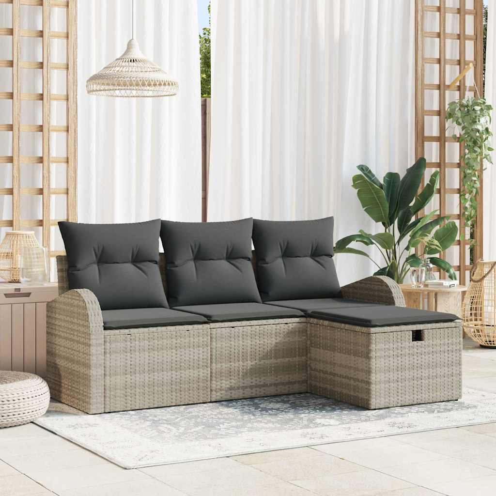 vidaXL Sofa Set mit Kissen mit Speicher 4 pcs Hellgrau Poly-Rattan