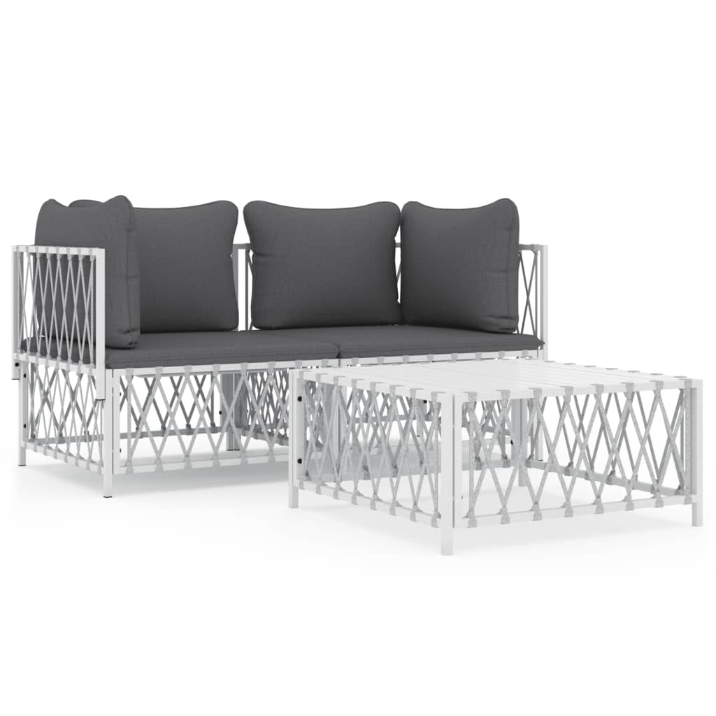 vidaXL Salon de jardin avec coussins 3 pcs blanc acier - Image 2