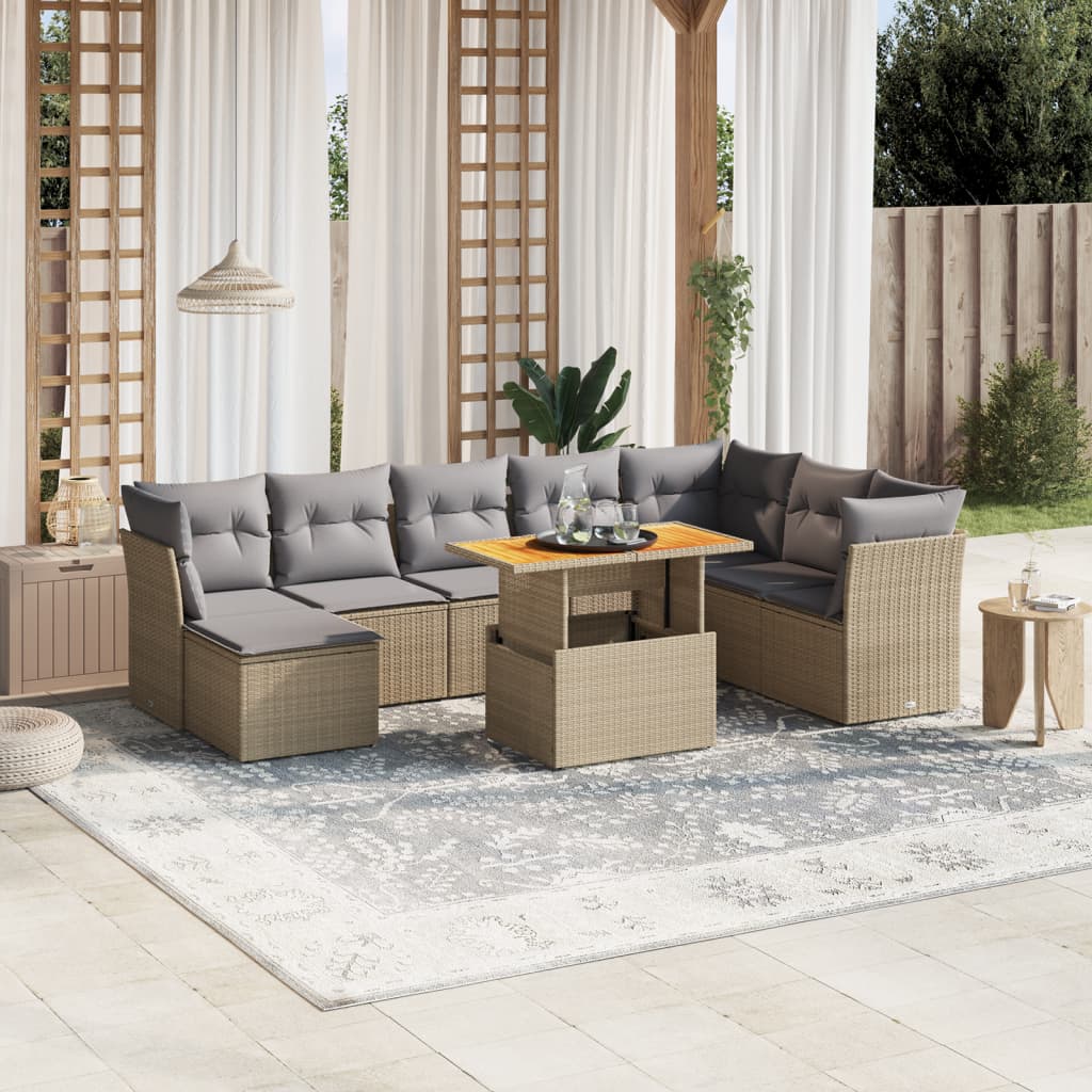 vidaXL Salon de jardin avec coussins 9 pcs beige résine tressée