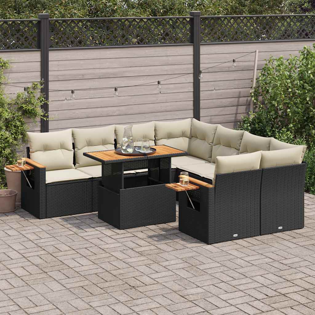 vidaXL Salon de jardin avec coussins 9 pcs noir résine tressée acacia