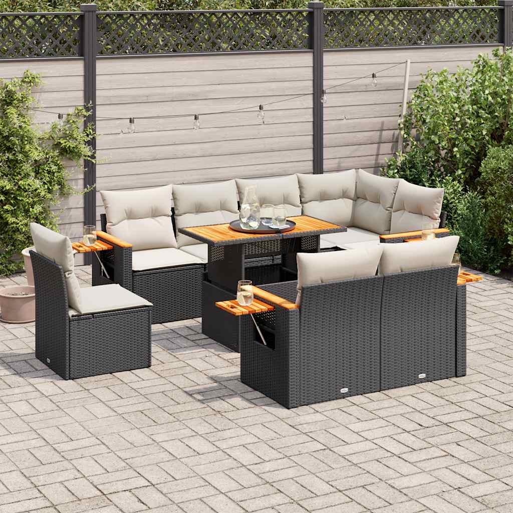 vidaXL Salon de jardin avec coussins 9 pcs noir résine tressée acacia