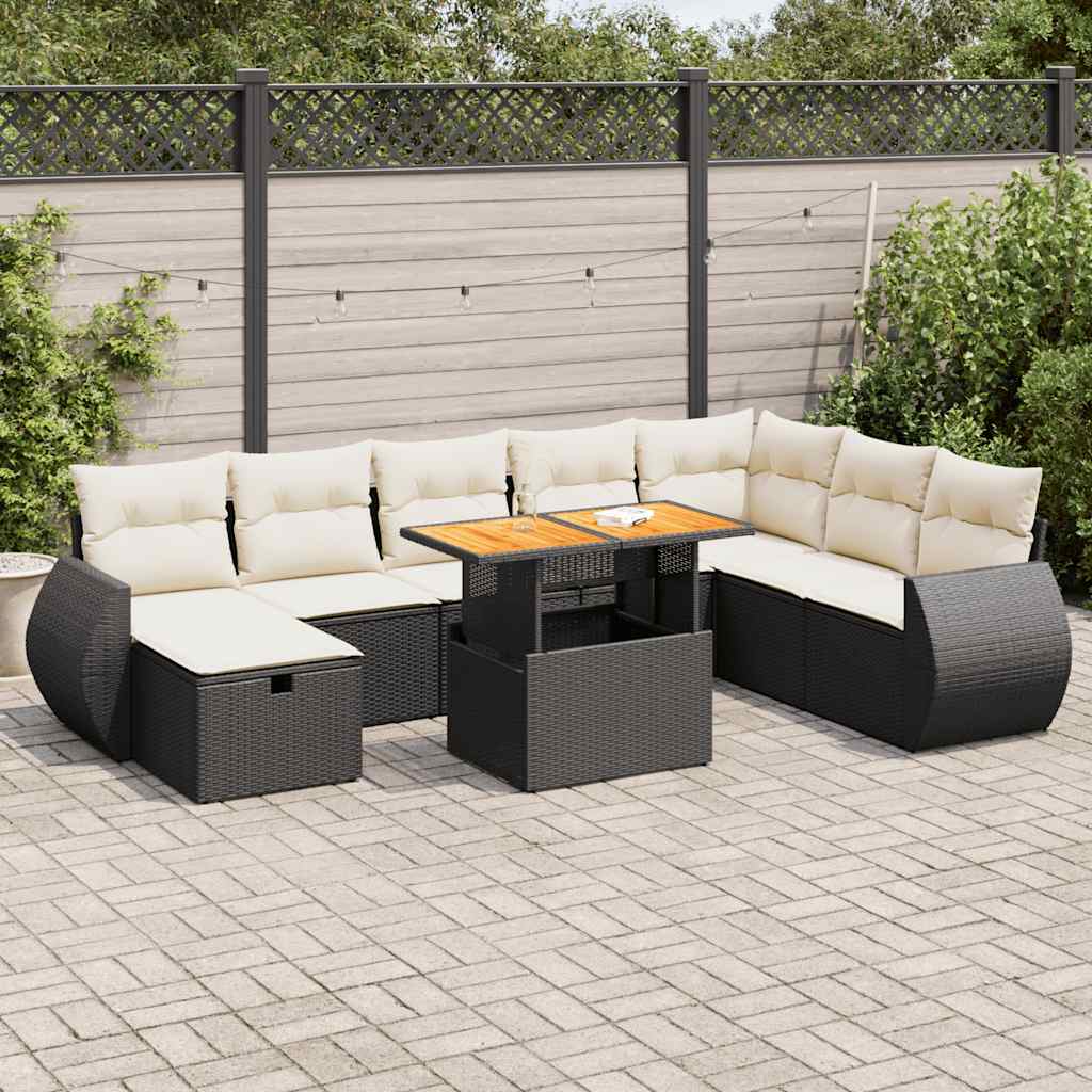 vidaXL Salon de jardin avec coussins 9 pcs noir résine tressée acacia