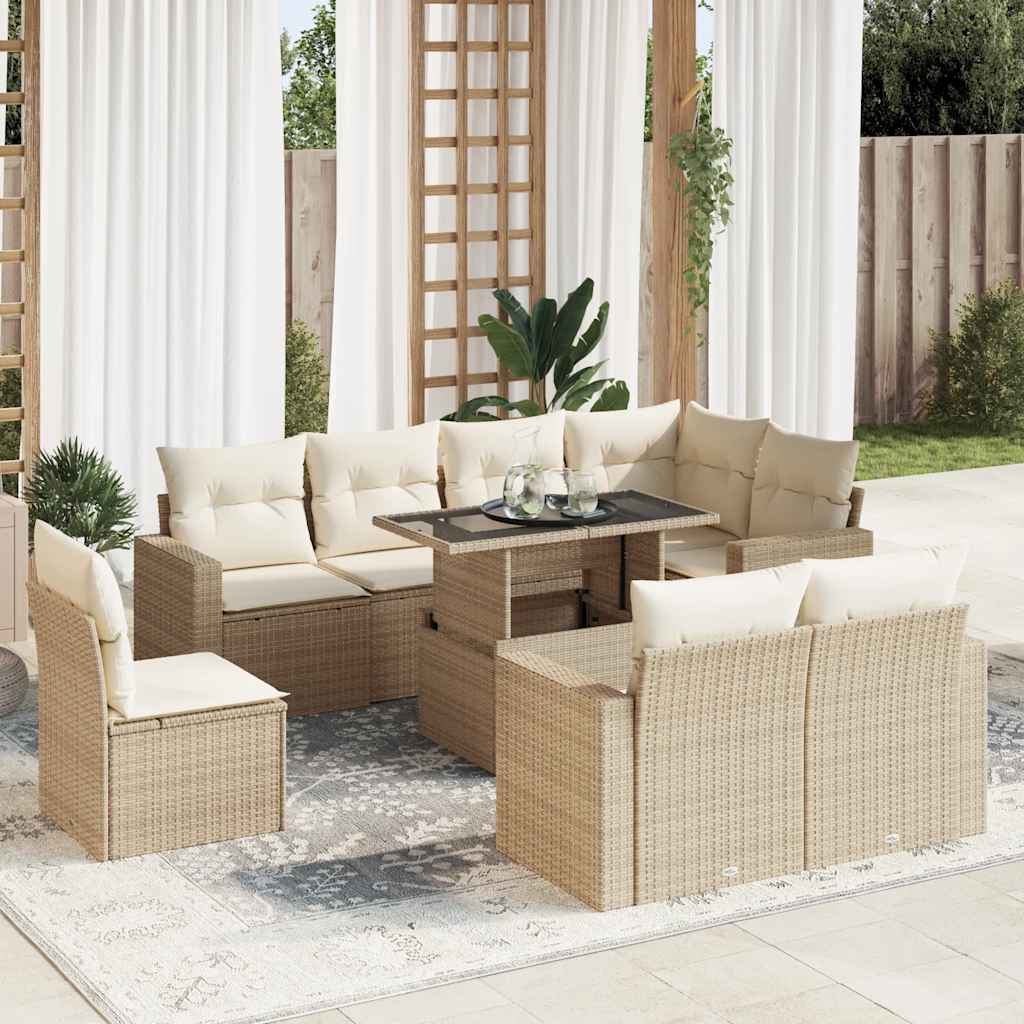vidaXL Salon de jardin avec coussins 9 pcs beige résine tressée