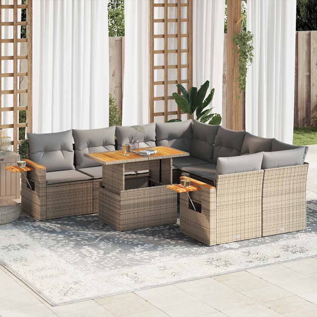 vidaXL Salon de jardin avec coussins 9 pcs beige résine tressée acacia