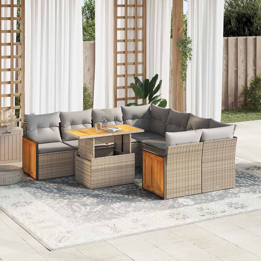 vidaXL Salon de jardin avec coussins 9 pcs beige résine tressée acacia