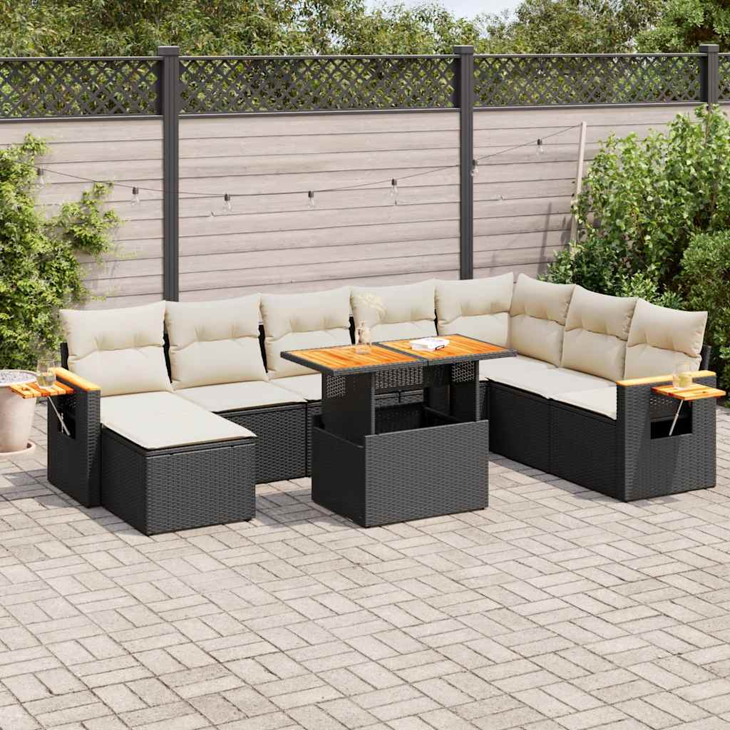 vidaXL Salon de jardin avec coussins 9 pcs noir résine tressée acacia