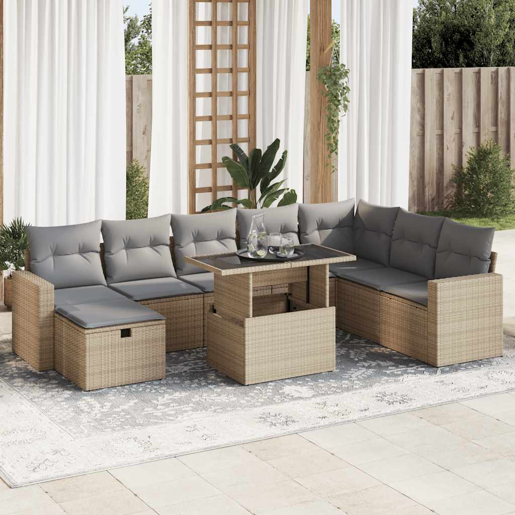 vidaXL Salon de jardin avec coussins 9 pcs beige résine tressée