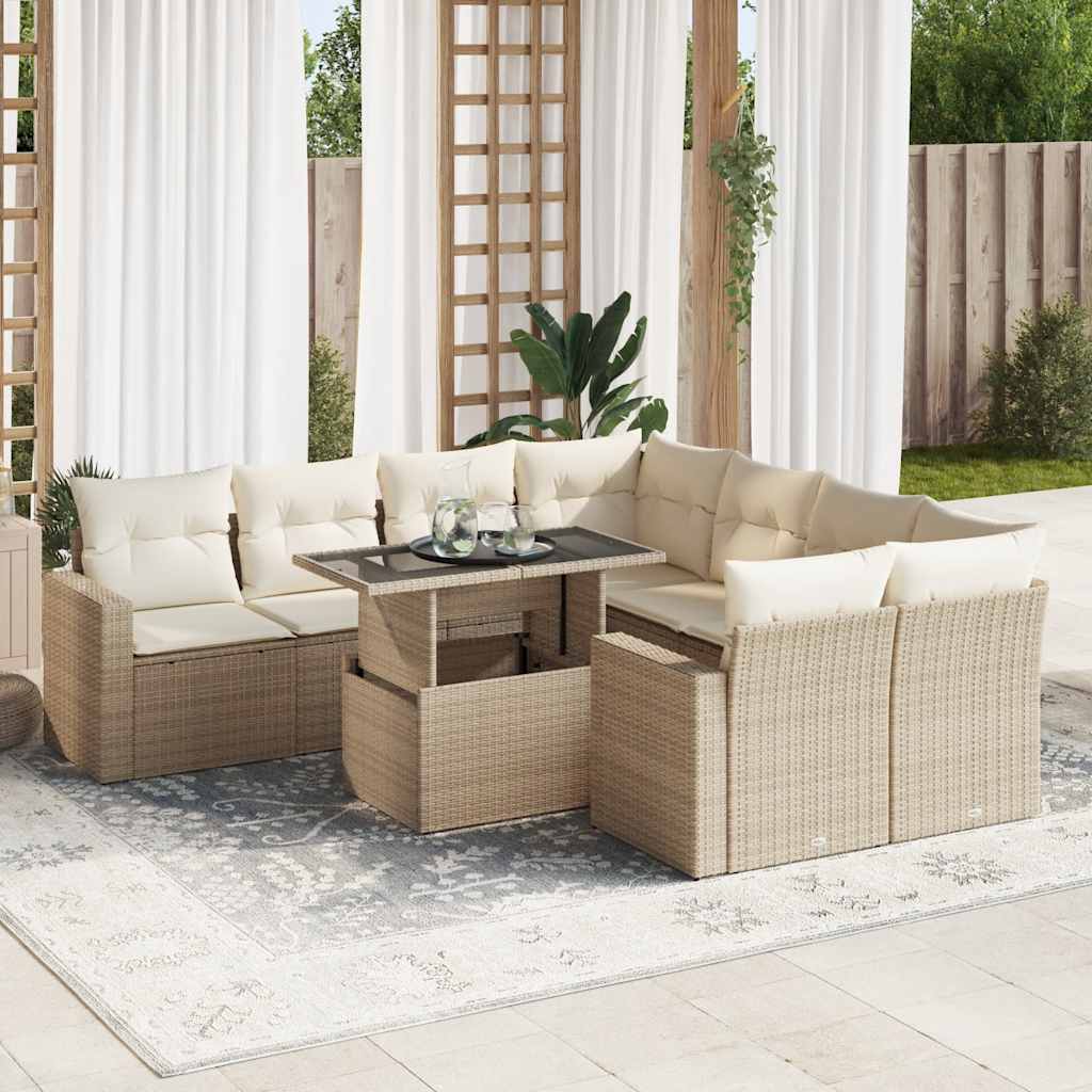 vidaXL Salon de jardin avec coussins 9 pcs beige résine tressée