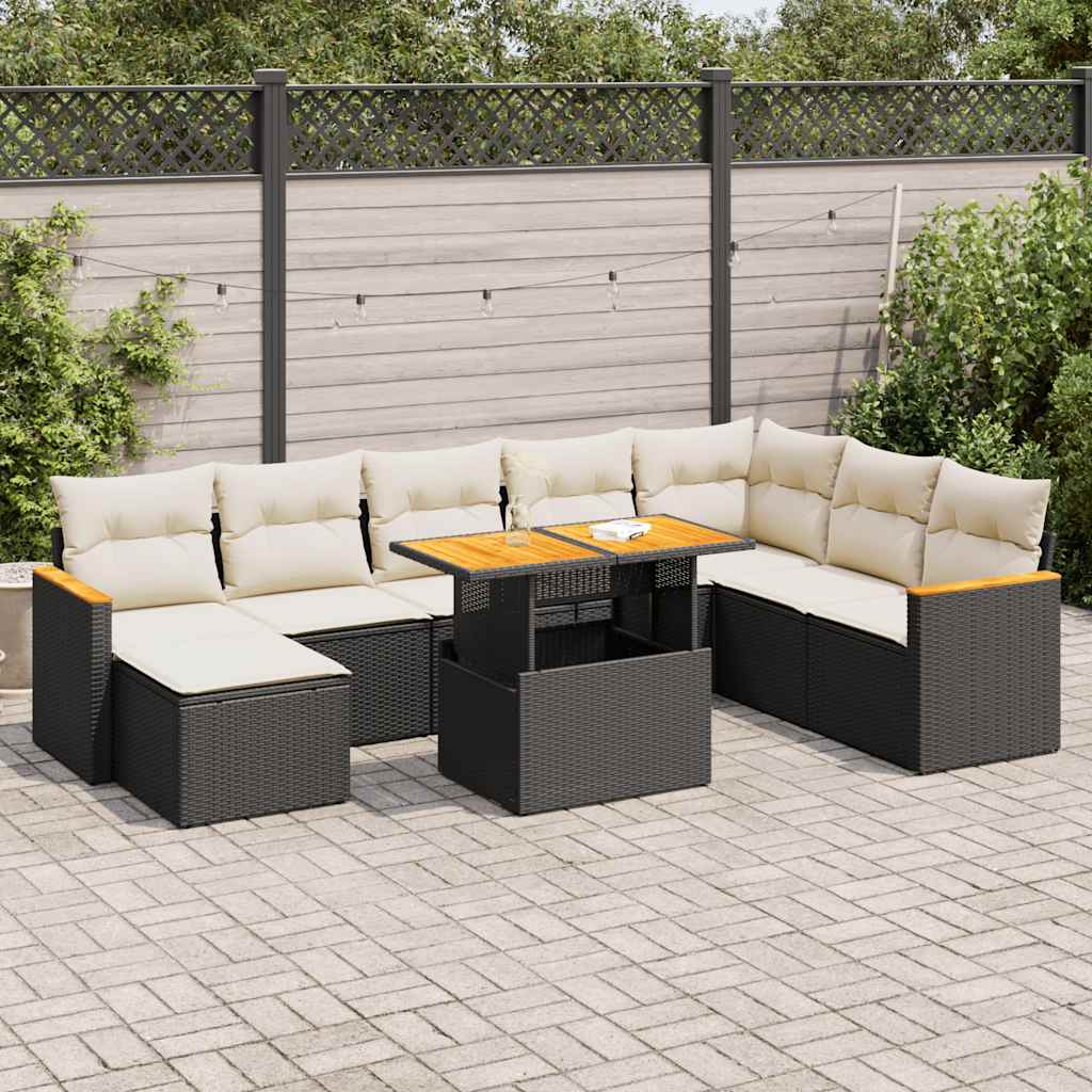 vidaXL Salon de jardin avec coussins 9 pcs noir résine tressée acacia