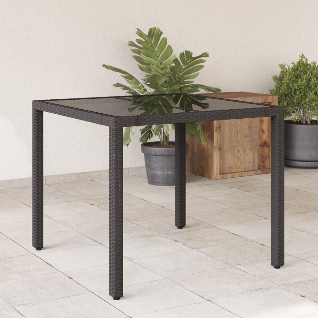 vidaXL Table de jardin dessus en verre Noir 90x90x75 cm Résine tressée