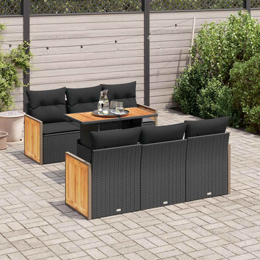 vidaXL Salon de jardin avec coussins 7 pcs noir résine tressée acacia