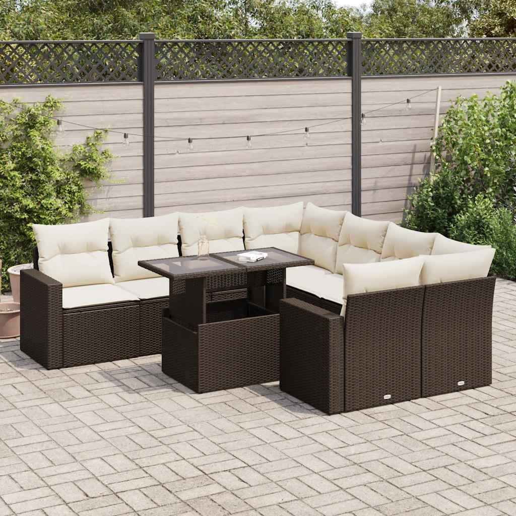 vidaXL Salon de jardin avec coussins 9 pcs marron résine tressée