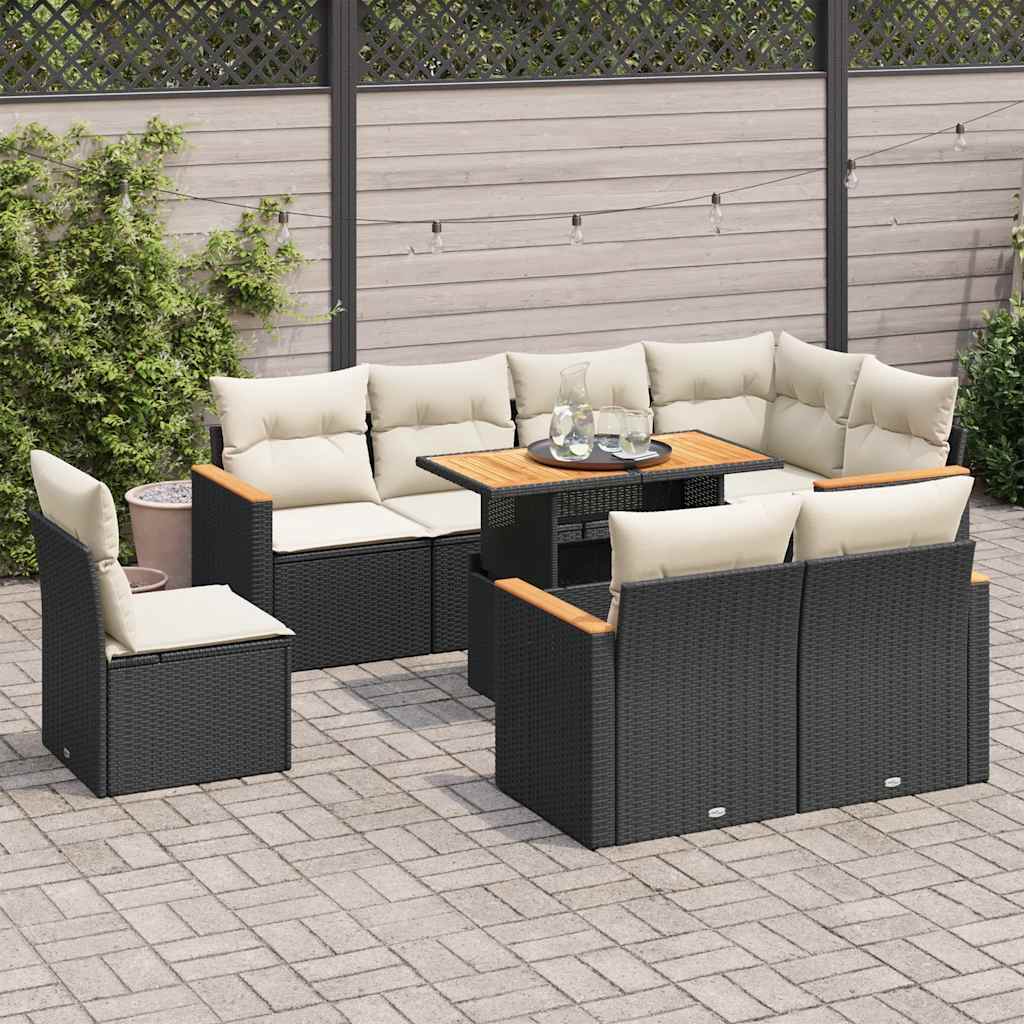 vidaXL Salon de jardin avec coussins 9 pcs noir résine tressée acacia