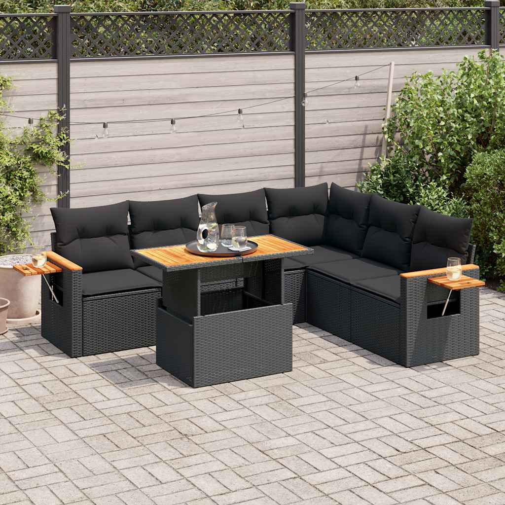 vidaXL Salon de jardin avec coussins 7 pcs noir résine tressée acacia