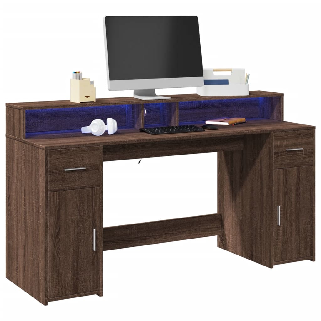 vidaXL Bureau et lumières LED chêne marron bois d'ingénierie