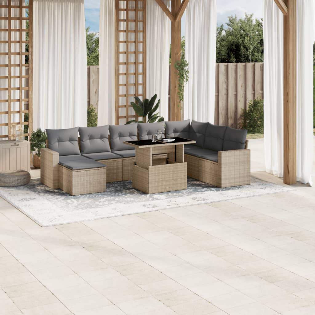 vidaXL Salon de jardin avec coussins 9 pcs beige résine tressée