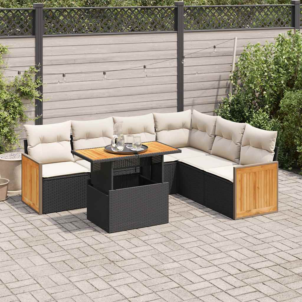vidaXL Salon de jardin avec coussins 7 pcs noir résine tressée acacia