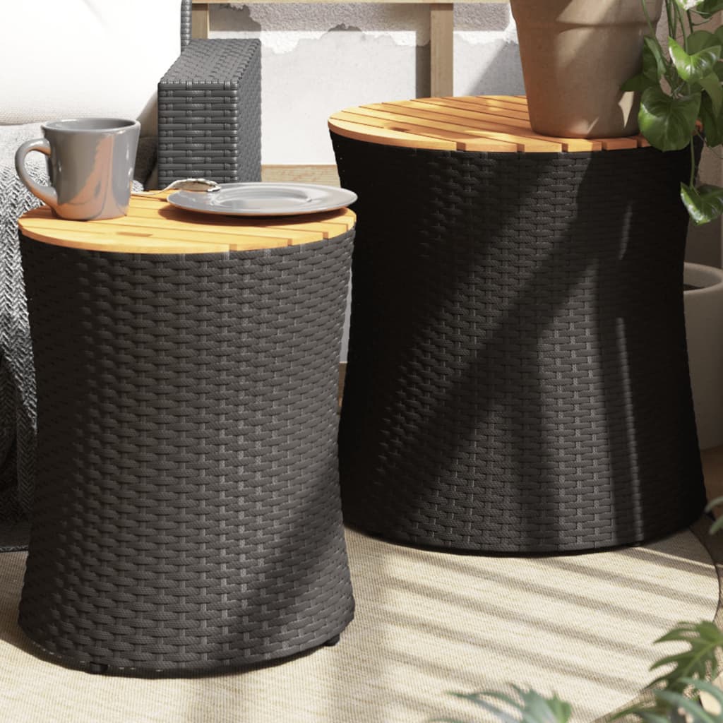 vidaXL Tables d'appoint de jardin 2 pcs dessus en bois noir poly rotin