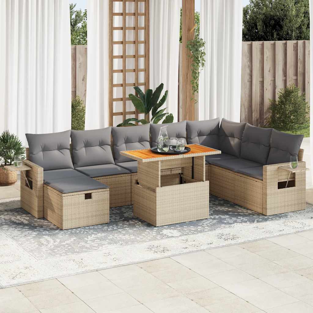 vidaXL Salon de jardin avec coussins 9 pcs beige résine tressée acacia