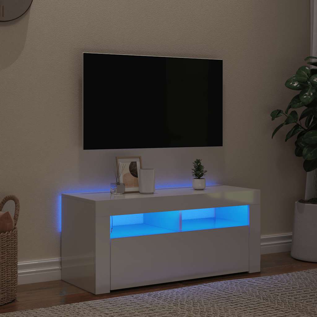 vidaXL Meuble TV avec lumières LED blanc brillant 90x35x40 cm