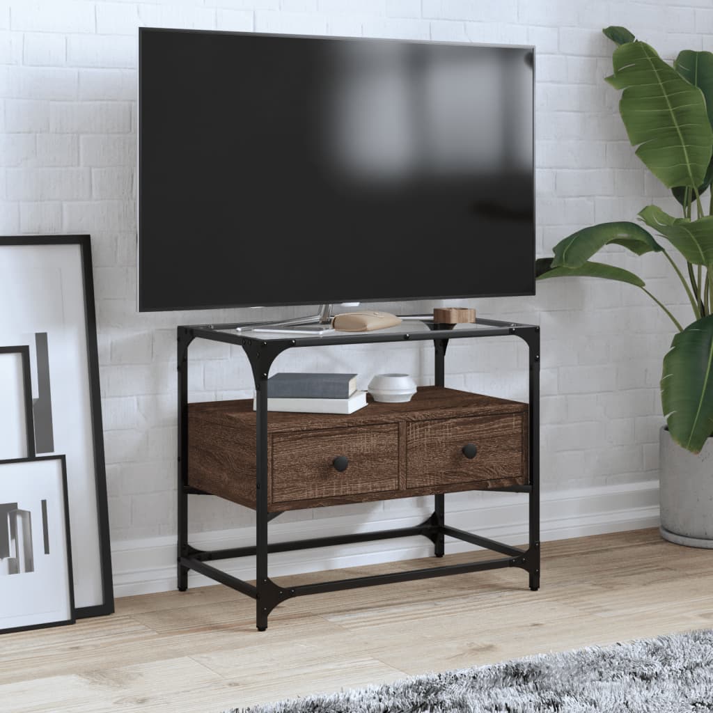 vidaXL Meuble TV avec dessus en verre chêne marron bois d'ingénierie