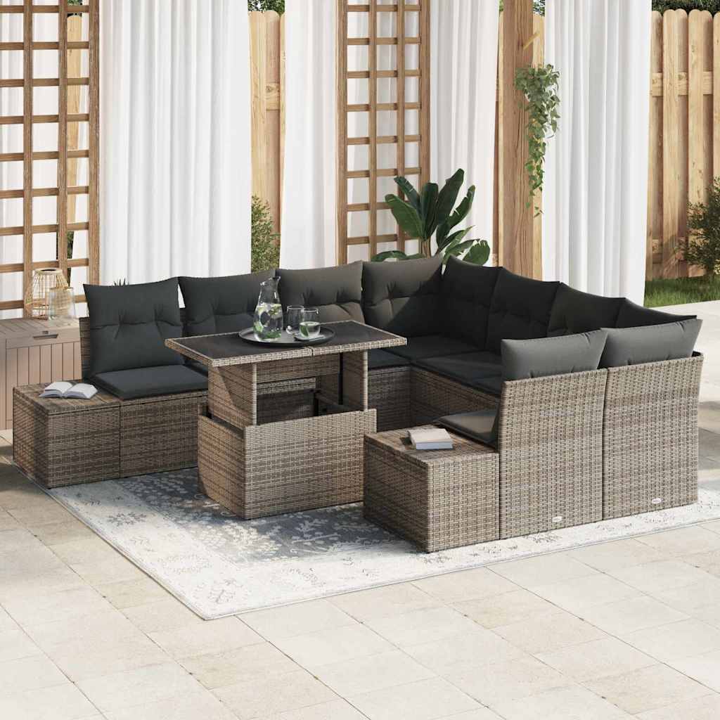 vidaXL Sofa Set mit Kissen 9 pcs Grau Poly-Rattan
