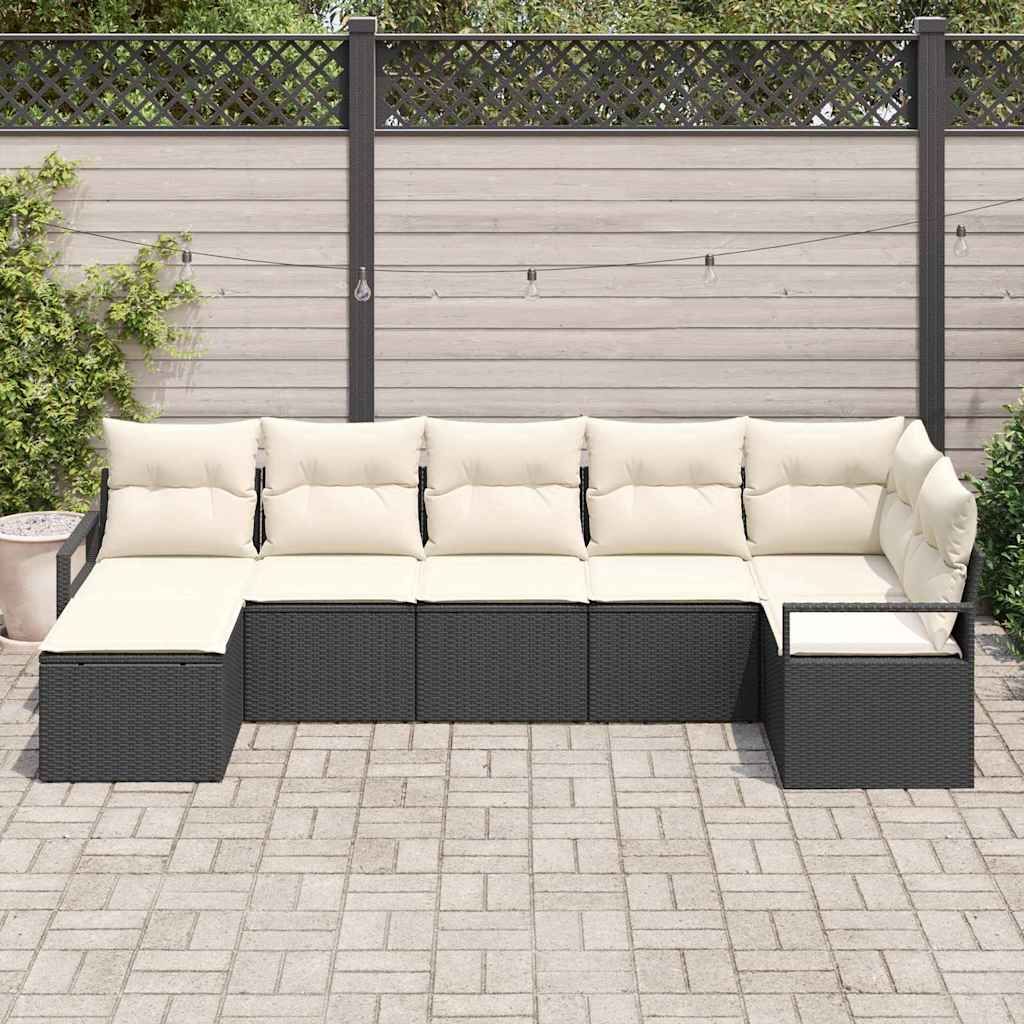 vidaXL Sofa Set mit Kissen 7 pcs Schwarz und Creme Poly-Rattan