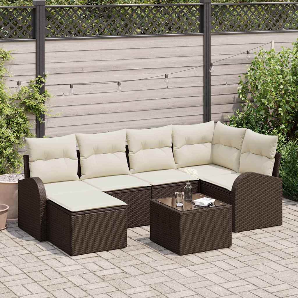 vidaXL Sofa Set mit Kissen 7 pcs Braun und Weiß Poly-Rattan