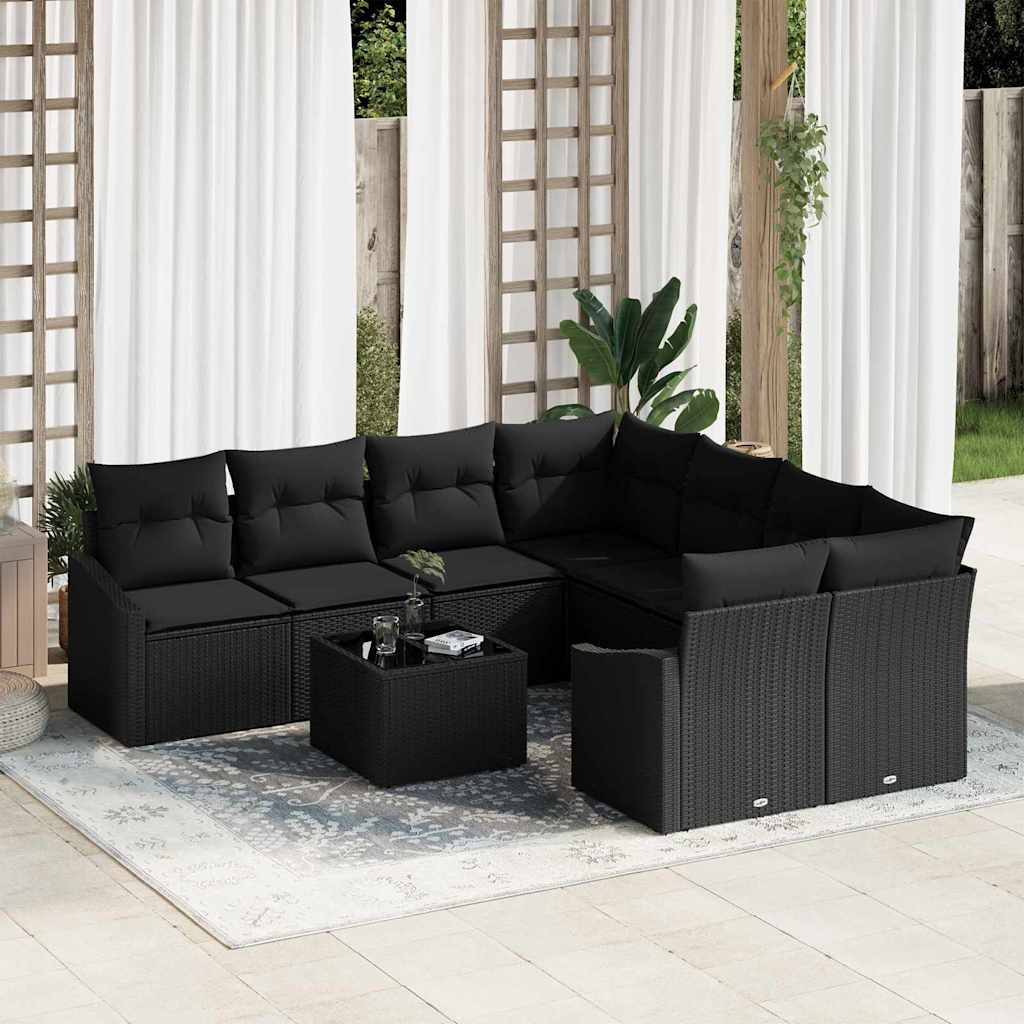 vidaXL Sofa Set mit Kissen mit Speicher 9 pcs Schwarz Poly-Rattan