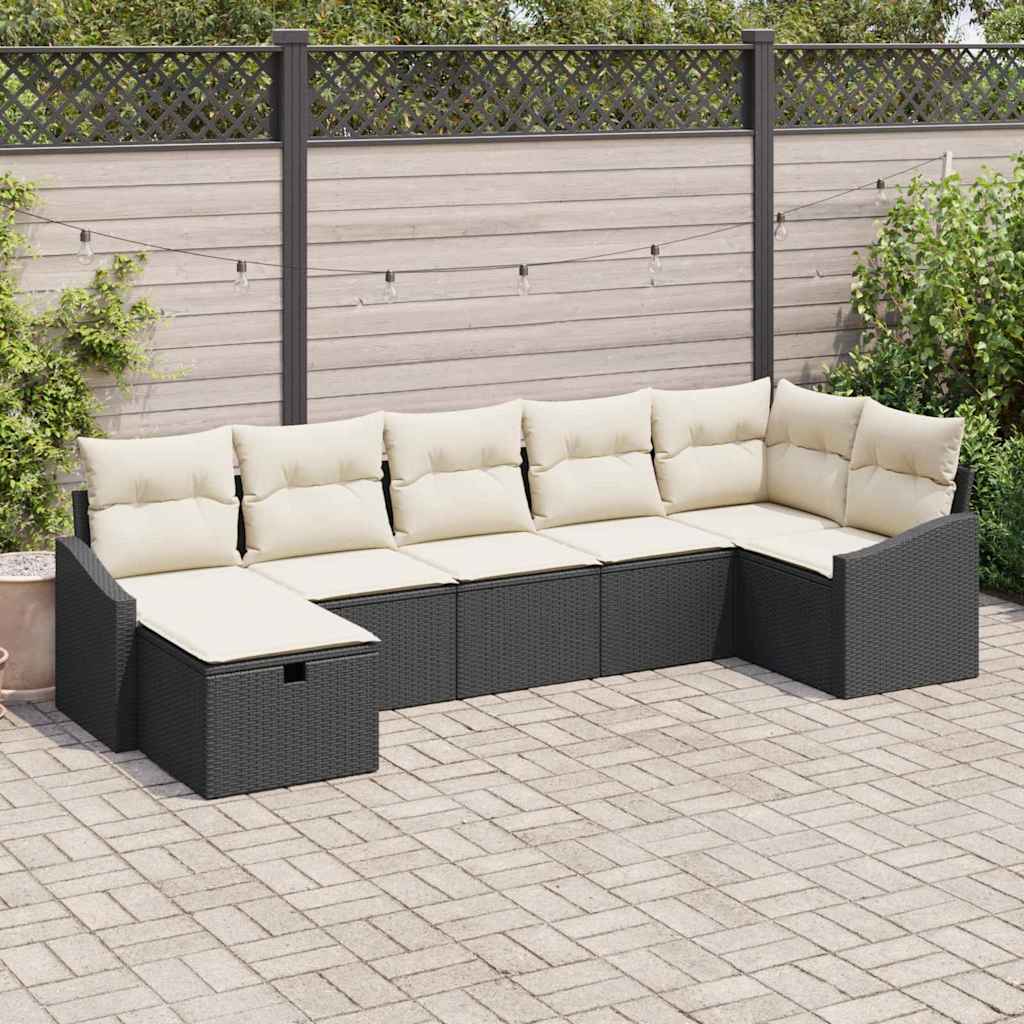 vidaXL Sofa Set mit Kissen mit Speicher 7 pcs Schwarz Poly-Rattan
