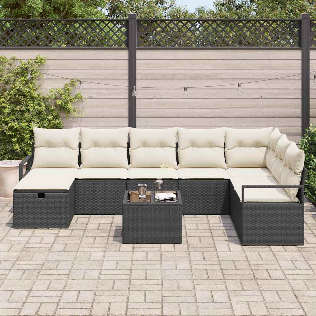 vidaXL Sofa Set mit Kissen 9 pcs Schwarz und Creme Poly-Rattan