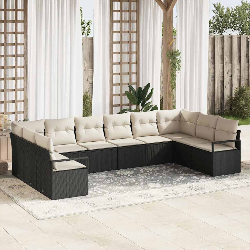 vidaXL Sofa Set mit Kissen 10 pcs Schwarz und Creme Poly-Rattan