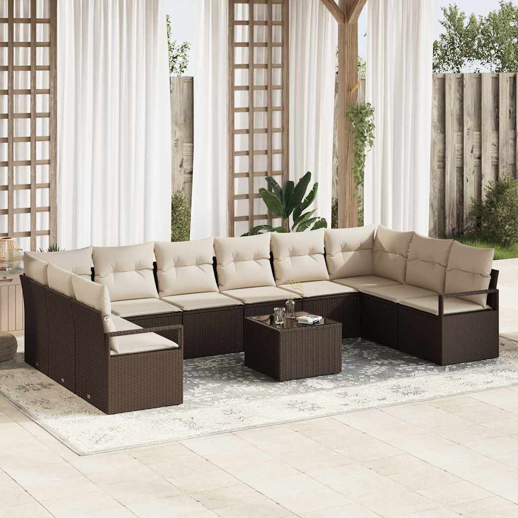 vidaXL Sofa Set mit Kissen 11 pcs Braun und Creme Poly-Rattan