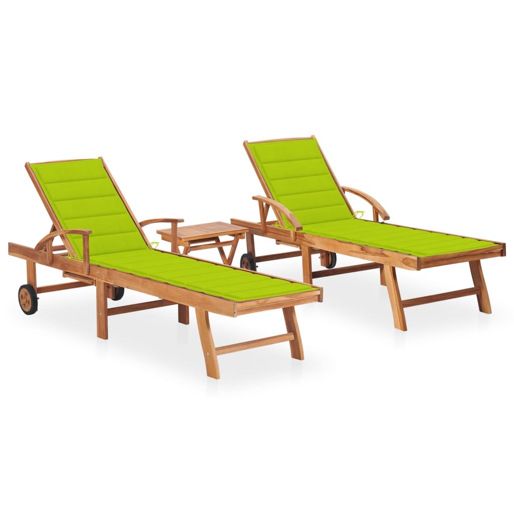 vidaXL Sonnenliegen 2 Stk. mit Tisch und Auflagen Massivholz Teak