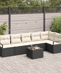 vidaXL Sofa Set mit Kissen 7 pcs Schwarz Poly Rattan