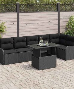 vidaXL Sofa Set mit Kissen 7 pcs Schwarz Poly Rattan