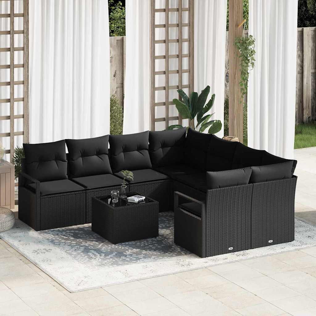 vidaXL Sofa Set mit Kissen mit Speicher 9 pcs Schwarz Poly-Rattan