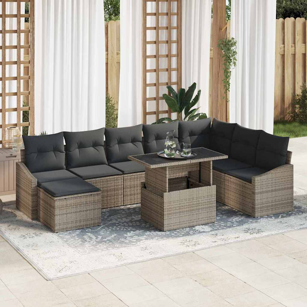 vidaXL Sofa Set mit Kissen mit Speicher 9 pcs Grau Poly-Rattan