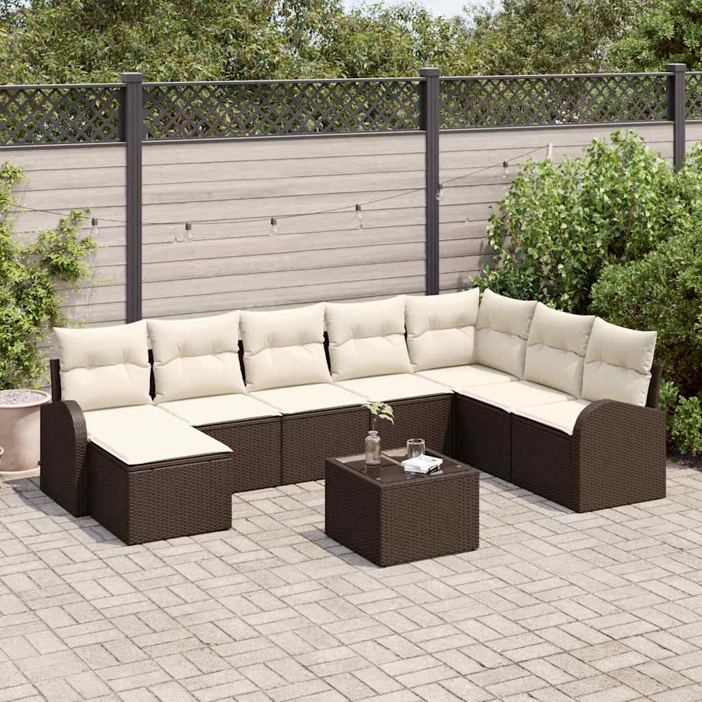 vidaXL Sofa Set mit Kissen 9 pcs Braun und Weiß Poly-Rattan