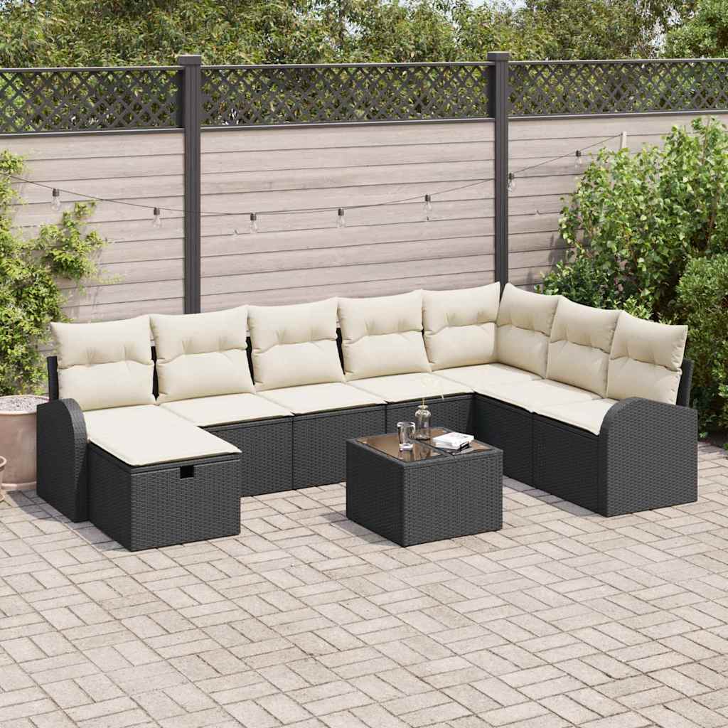 vidaXL Sofa Set mit Kissen 9 pcs Schwarz und Creme Poly-Rattan