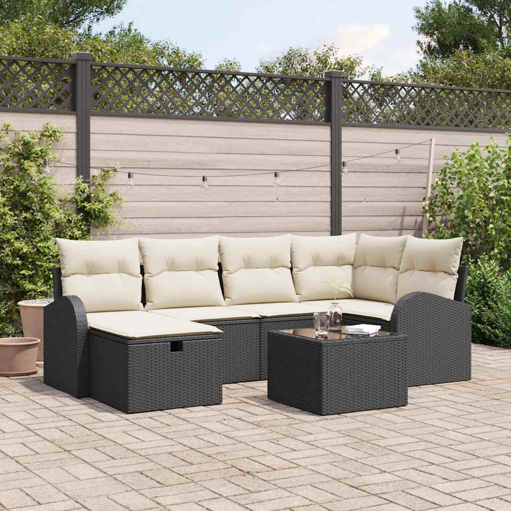 vidaXL Sofa Set mit Kissen 7 pcs Schwarz und Creme Poly-Rattan
