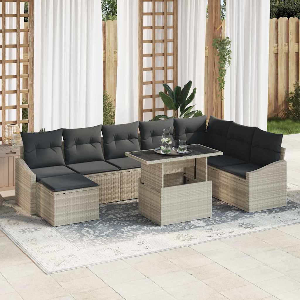 vidaXL Sofa Set mit Kissen mit Speicher 9 pcs Hellgrau Poly-Rattan