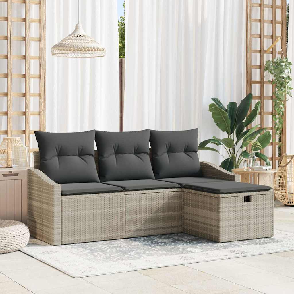 vidaXL Sofa Set mit Kissen mit Speicher 4 pcs Hellgrau Poly-Rattan