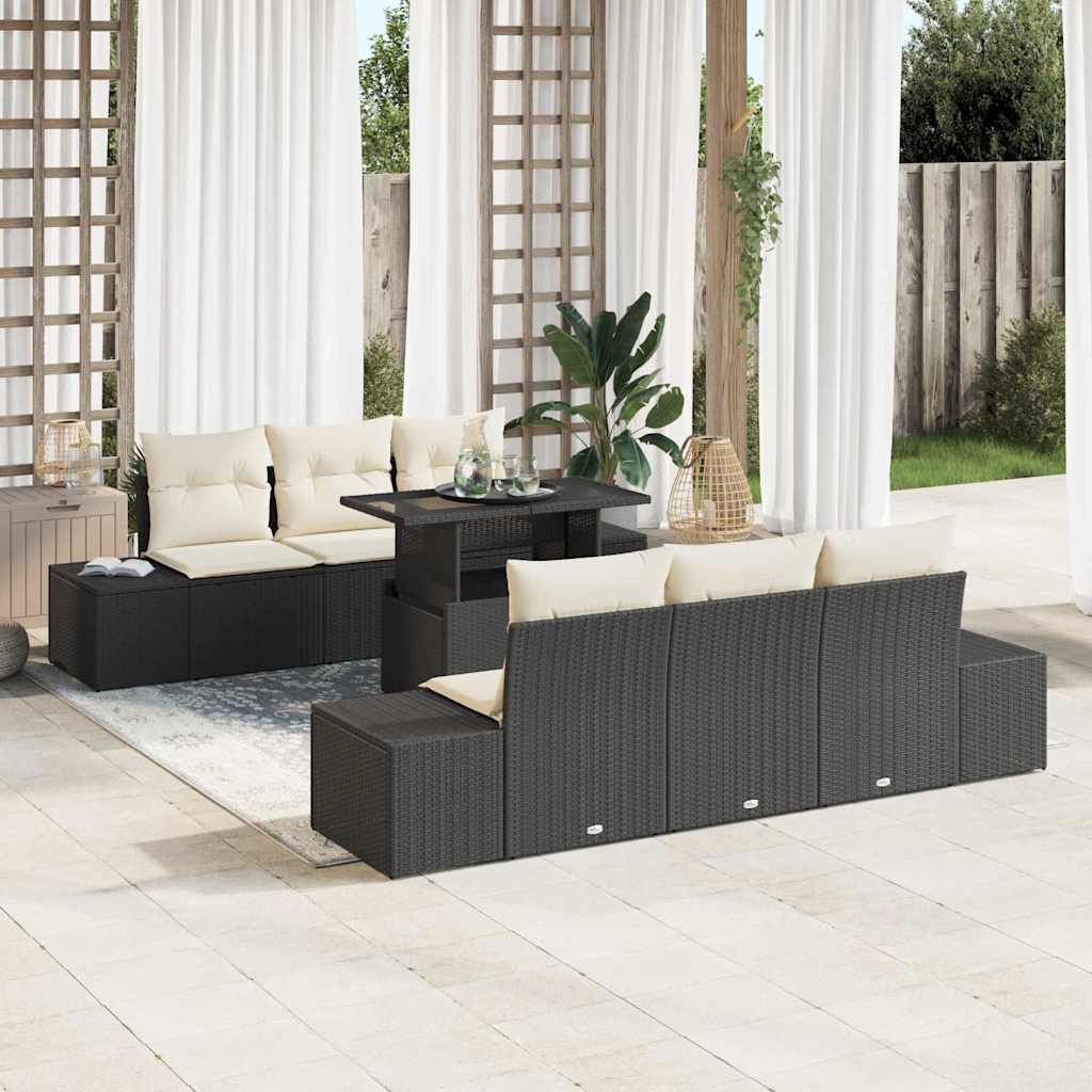 vidaXL Sofa Set mit Kissen 7 pcs Schwarz und Creme Poly-Rattan