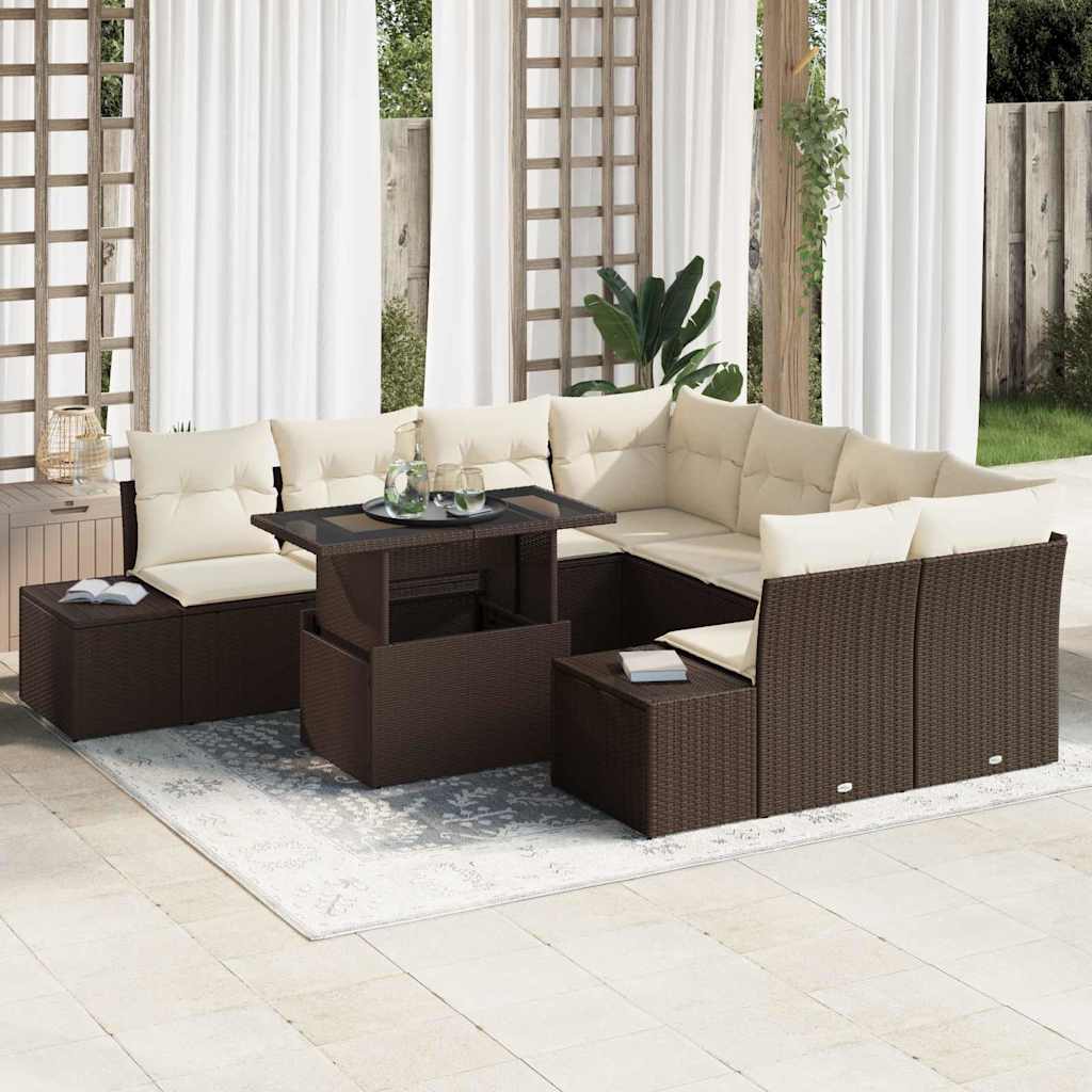 vidaXL Sofa Set mit Kissen 9 pcs Braun und Creme Poly-Rattan