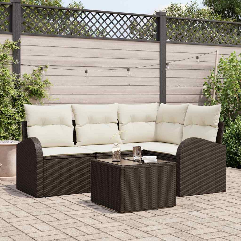 vidaXL Sofa Set mit Kissen 5 pcs Braun und Weiß Poly-Rattan